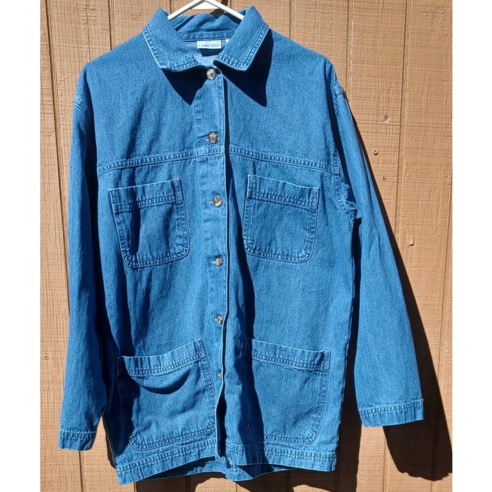 Blue Denim Chore Jacket Medium Cotton Utility Barn Coat Four Pockets - Picture 2 of 7
